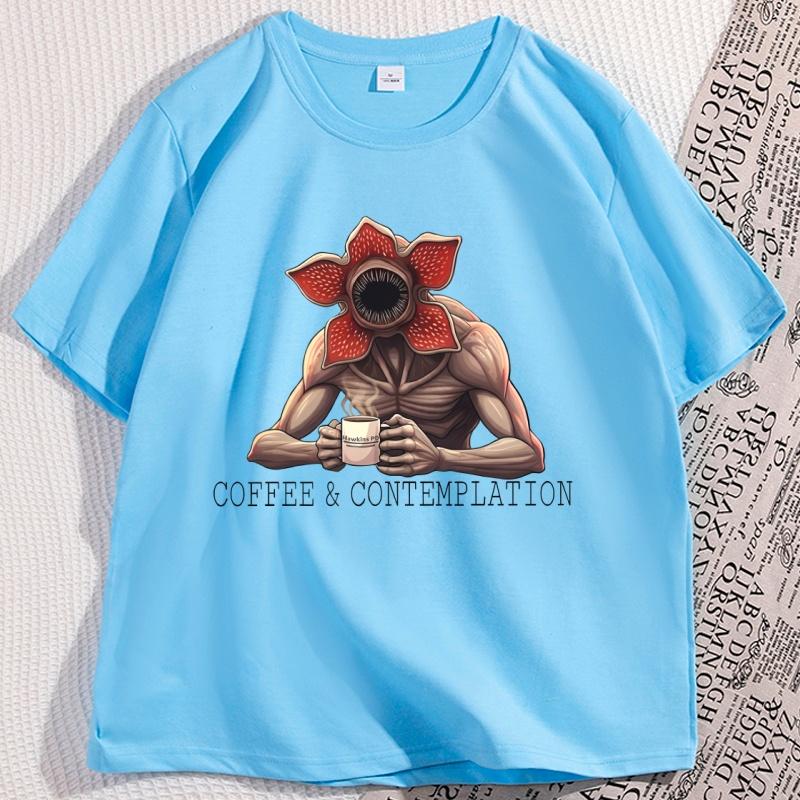 

Demogorgon Coffee and Contemplation Tshirt Men Women Short Sleeve Cannibal Flower Monster Cotton Graphic T Shirts Man Clothing 4XL