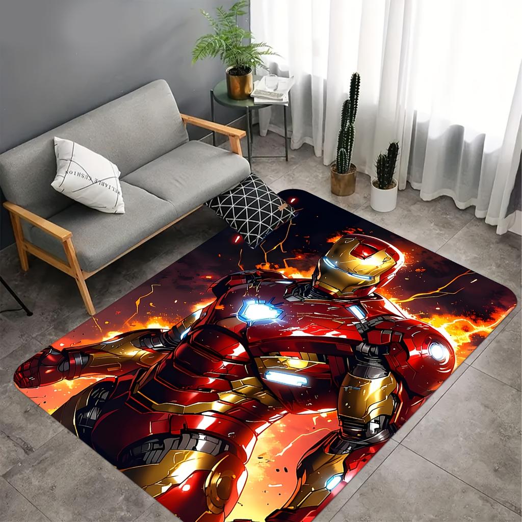 A Printed Floor Mat Featuring Iron 'S Armor with Flame Effects, Suitable for Living Rooms, Bedrooms, And Game Rooms. It Can Be