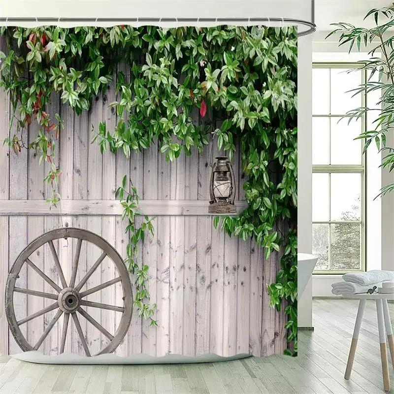 Vine Leaves Shower Curtain Green Plant Leaf Grey Wall Spring Floral Bath Curtains Set Polyester Fabric Bathroom Decor with XT6