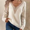 Women's V Neck Long Sleeve Lace Trim Diamond Knit Loose Fit Commuter Sweater