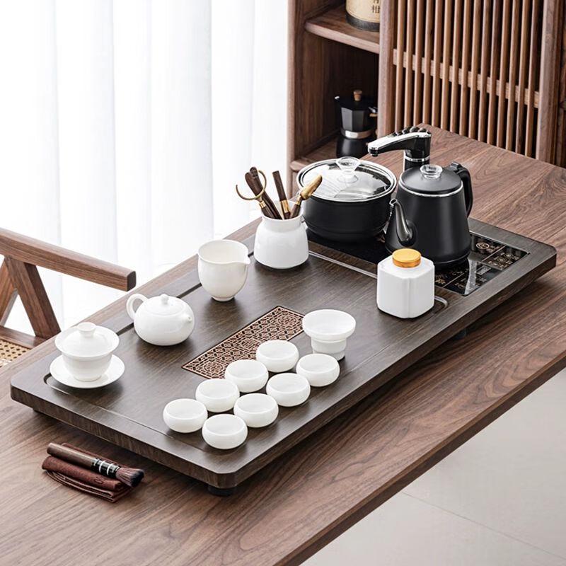 Jiakangming Ru Kiln Ceramic Tea Set with Auto-Heating Kettle & Wooden Tray