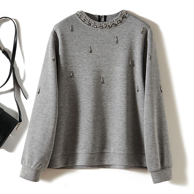 

Fashionable Star Style! Women Stand Collar Handmade Rhinestone Waffle Stretch Cotton Pullover Hoodie Spring and Autumn Winter Coat Zip-up Gray XL