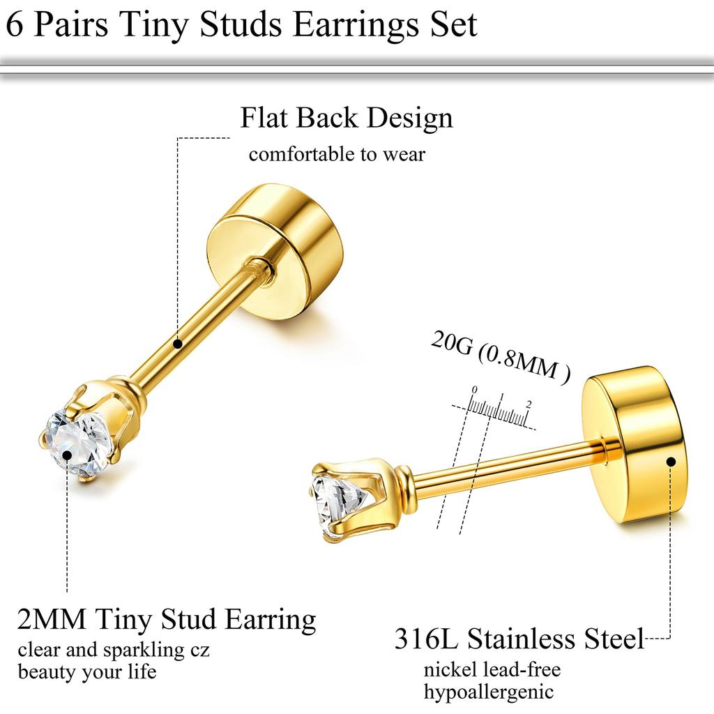 8 Pairs Flat Back Stud Earrings Sets for Multiple Piercing Small Silver Flat Back Surgical Steel Tiny Ball Pearl Cubic Zirconia