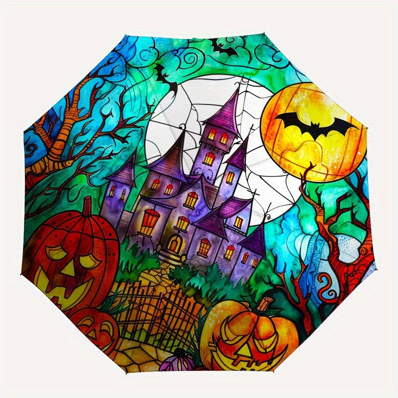 Halloween Stained Umbrella, Portable 3-Fold Compact Umbrella,Christmas Gift ES597