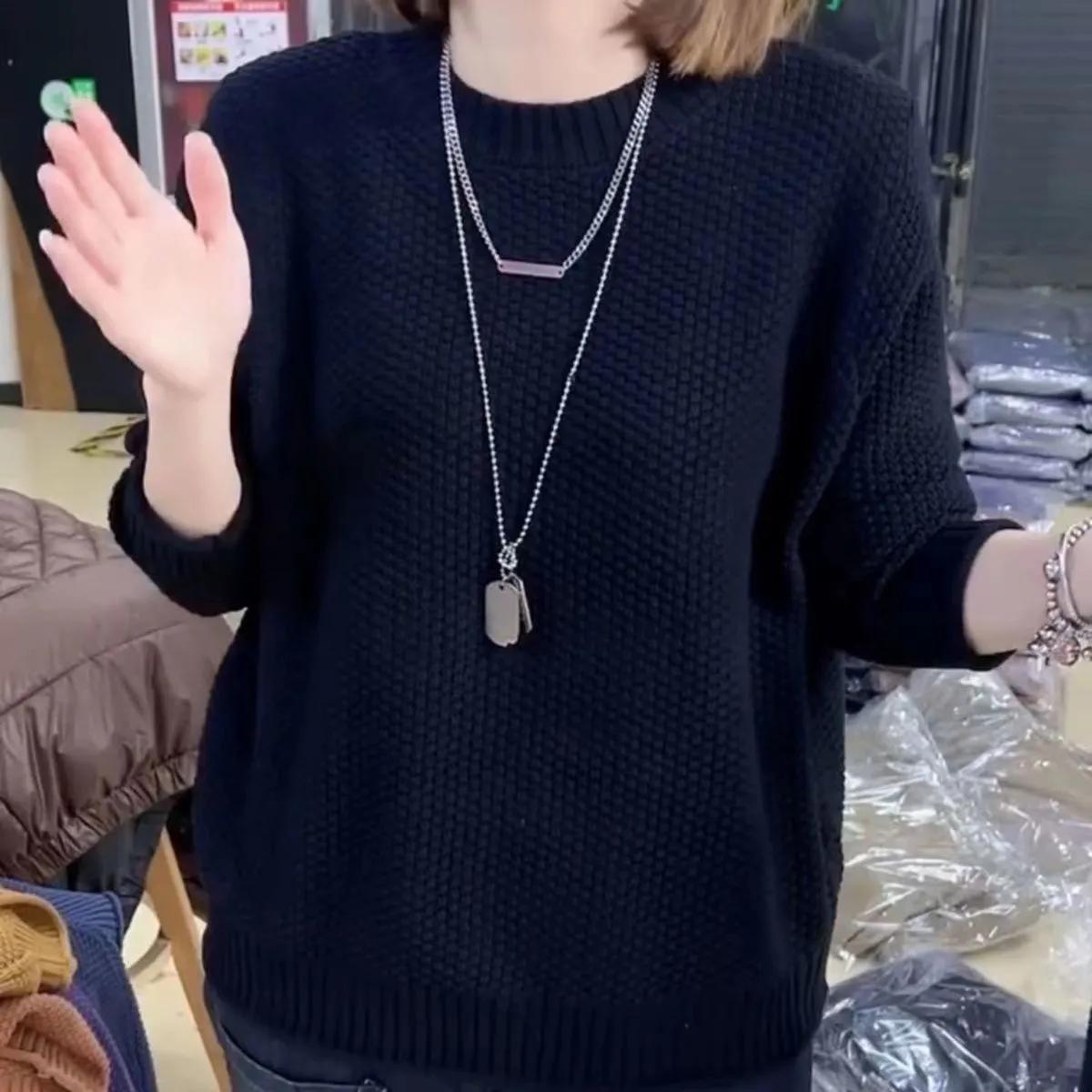 

Женский свитер с круглым вырезом, трикотажный, свободный, весенне-осенний, больших размеров, пуловер с рубашкой для ношения под низ XXXL чёрный