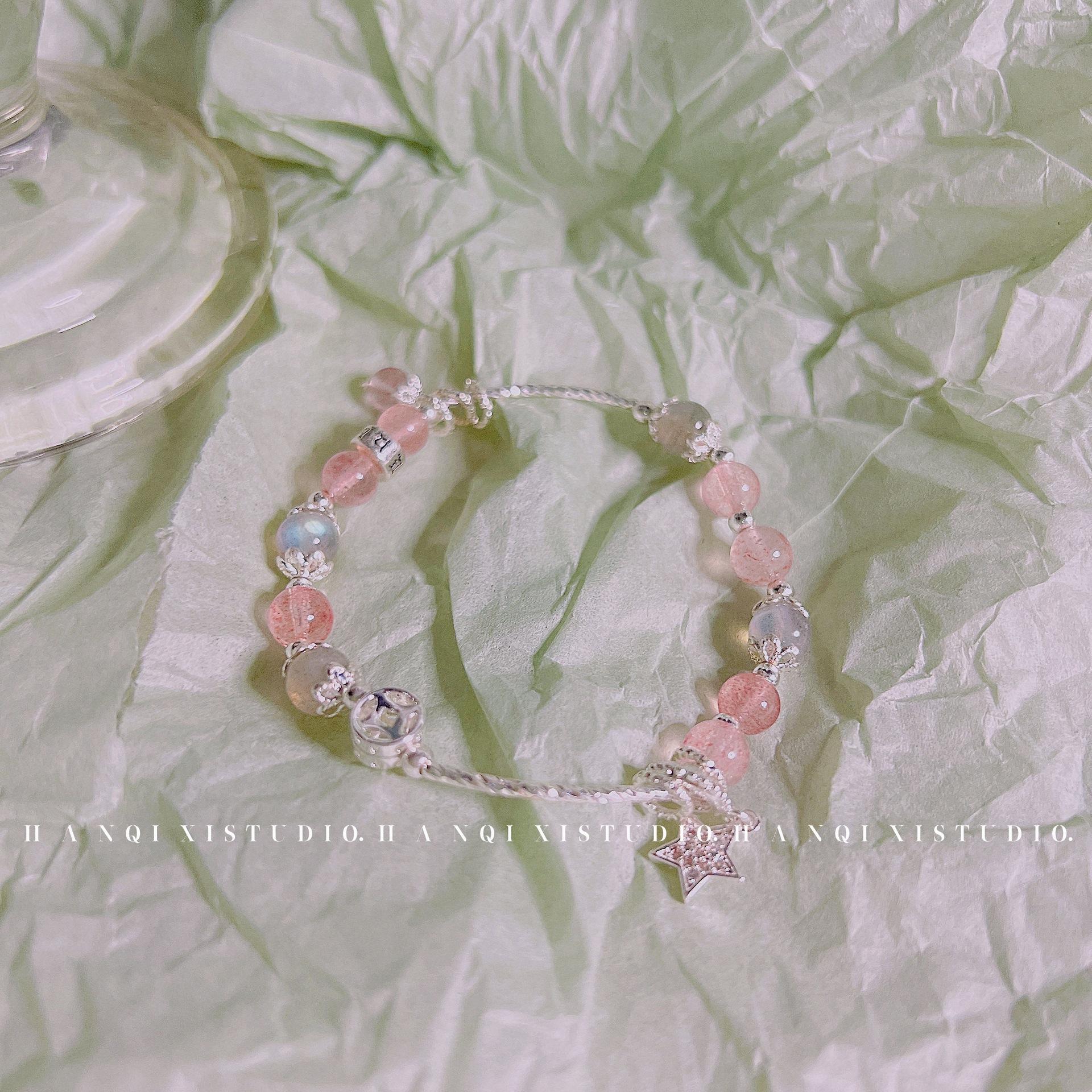 Супер-сказочный серебряный браслет со звездами и луной на резинке с розовым клубничным кварцем и лунным камнем, нишевый стиль высокого класса, сладкий и крутой silver Star and Moon Elas