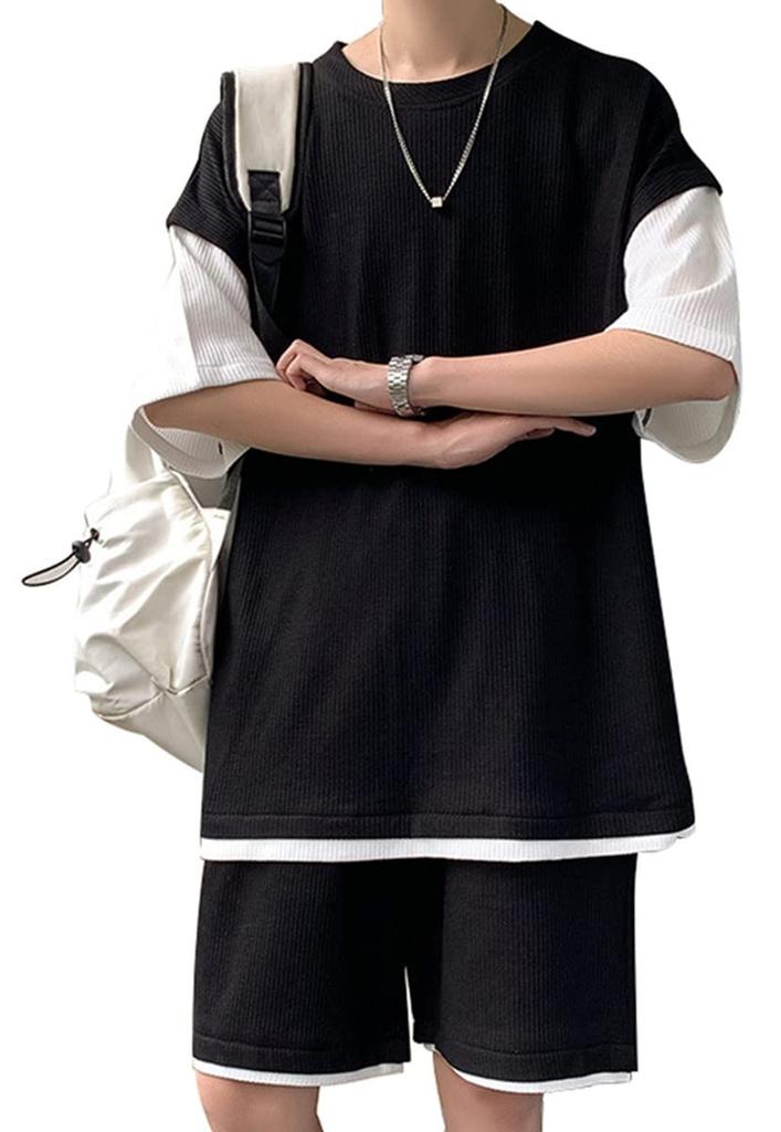 JIAYBL Summer Jersey Top and Bottom Short Sleeve Solid Layered Plus XL Men's Set, T-Shirt, Color, Casual, Style, Sizes, Loungewear, Black,
