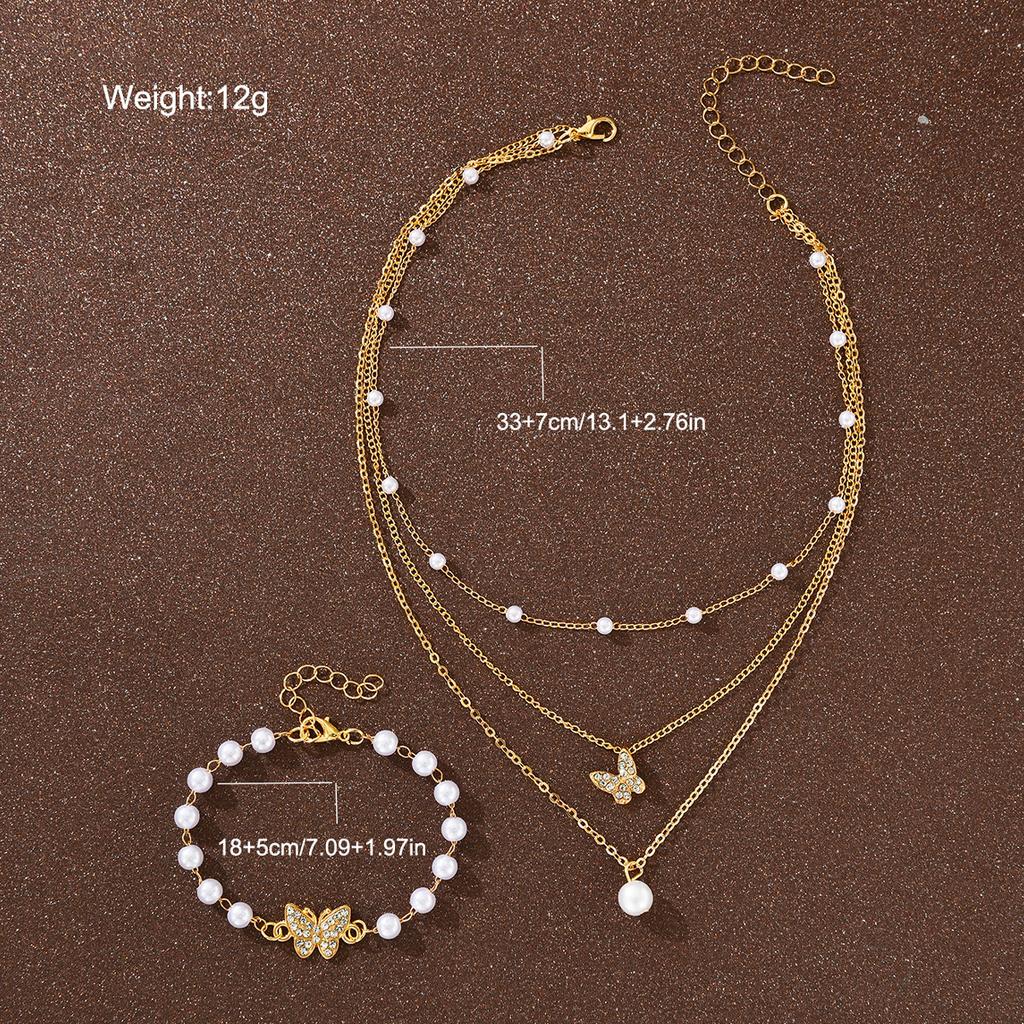New 2Pcs Pearl Zircon Butterfly Bracelet Necklace for Women Fashion Elegant Gold White Color Bracelet Necklace Set Party Jewelry