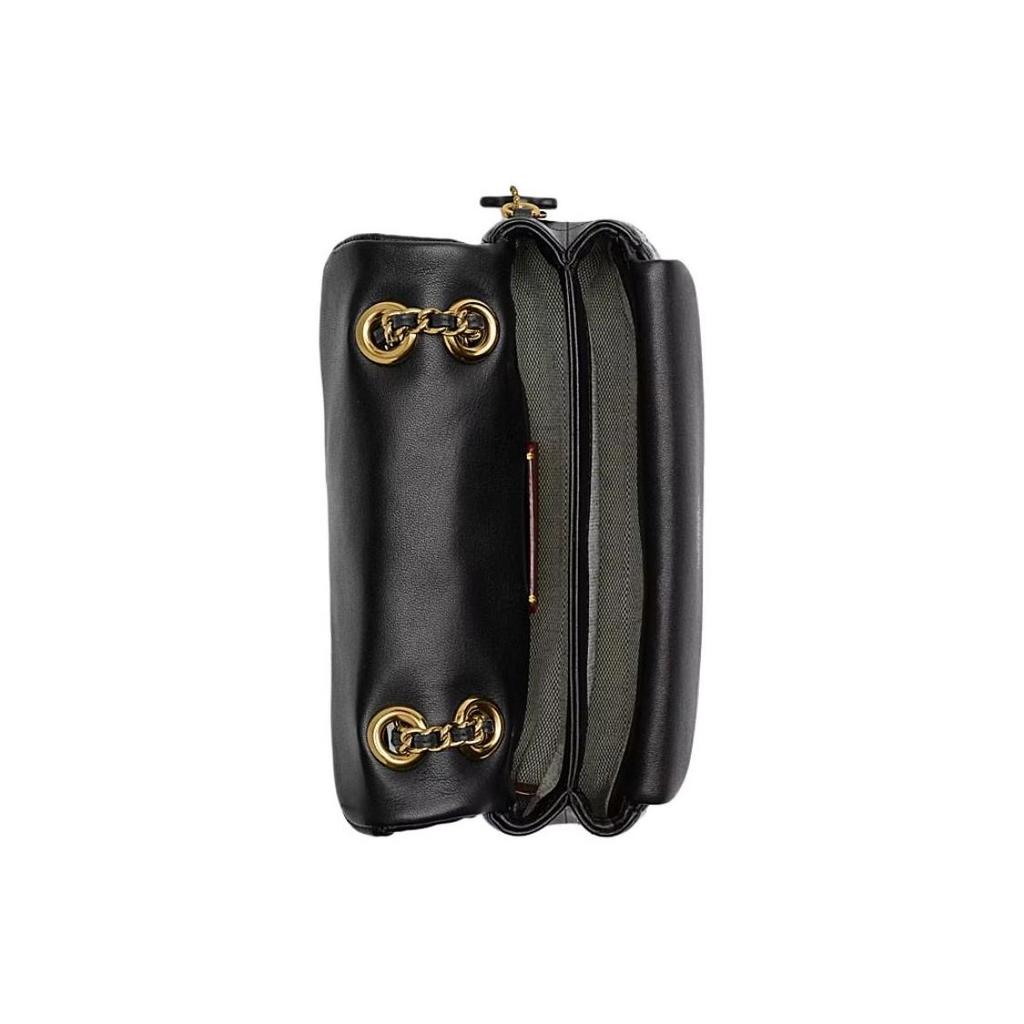 COACH Tabby 20 Striped Quilted Magnetic Closure Logo Flip Top Sheepskin Leather Pillow Bag Crossbody Shoulder Bag Small Female Black