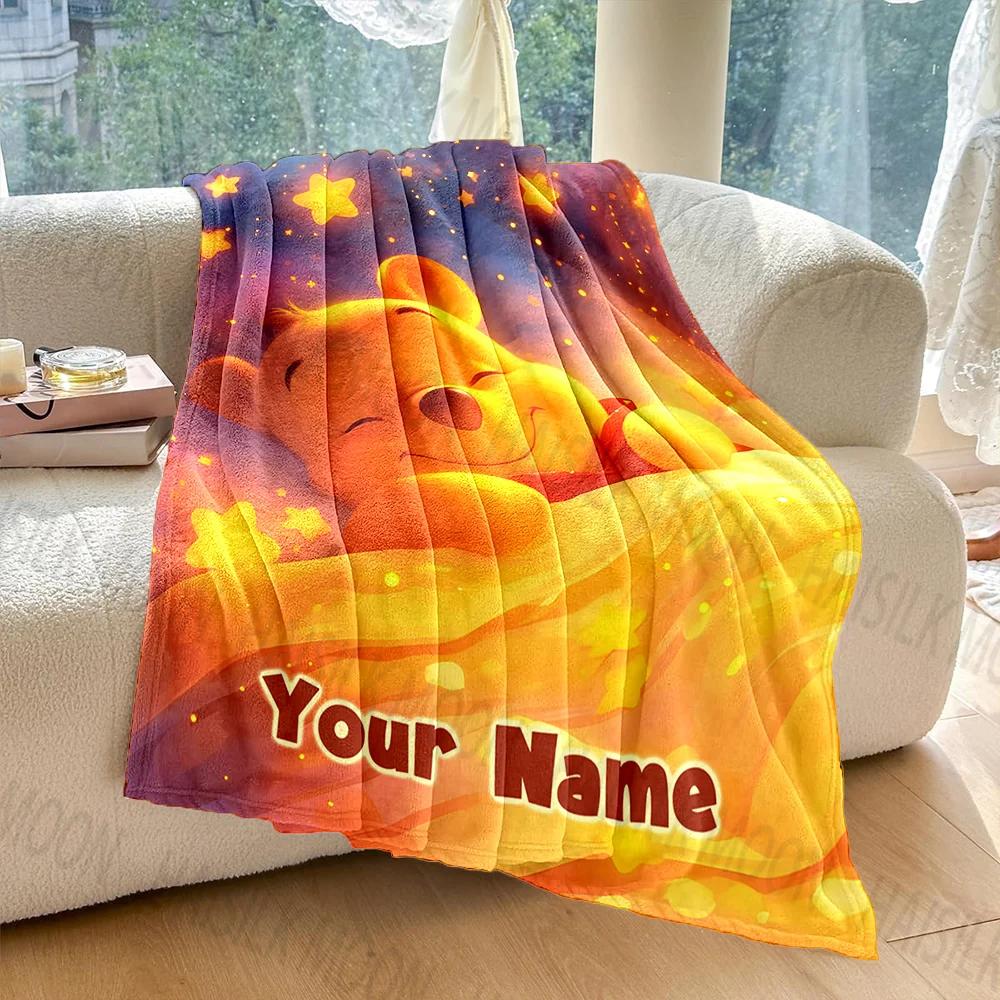 (Memo U Name)1PC Personalized Custom Name Blanket Winnie the Pooh Printed for Sofa Bed Travel Camping Cover Blankets for Gifts