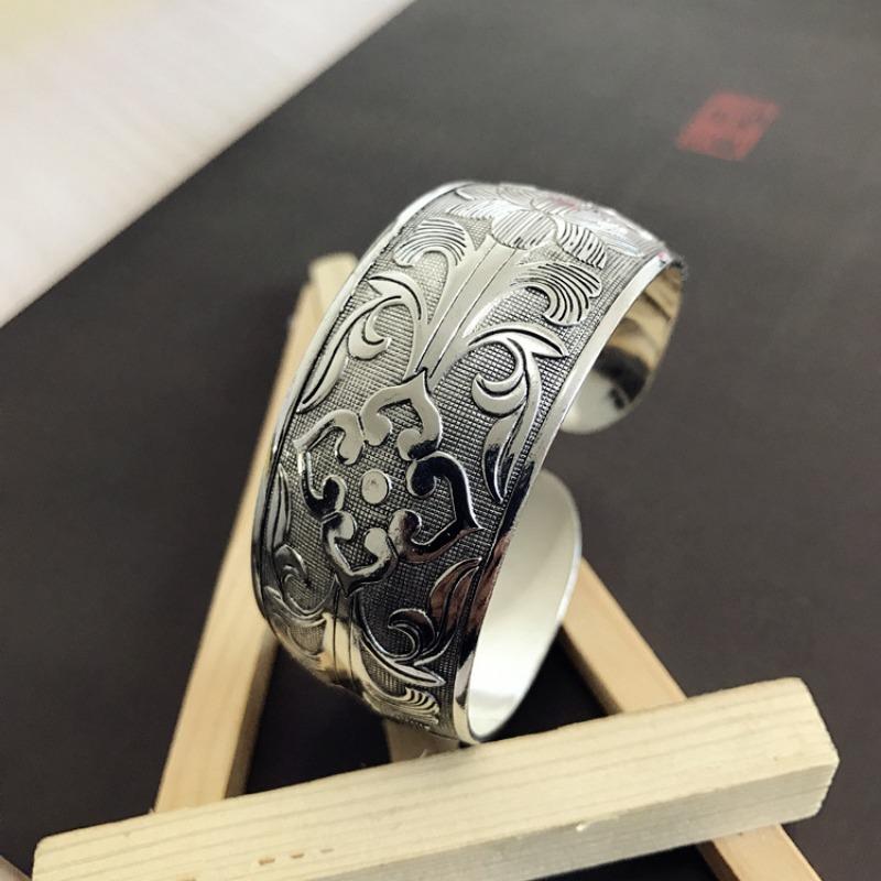 Retro Silver Bracelet Engraved Opening Wide Bracelet Fashionable Personality Miao Silver Old Antique Jewelry