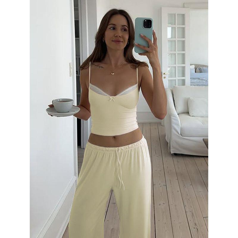 Cnyishe Sweet Style Gyaru V-neck Cami Elastic Band Wide Leg Pants Soft Glutinous Comfortable Home Style Two-piece Set