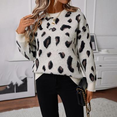 2024 Autumn And Winter New European And American Loose Round Neck Brushed Leopard Print Jacquard Pullover Sweater For Women