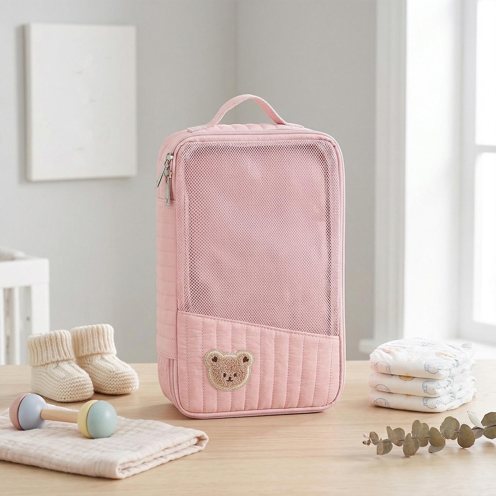 

Cute Bear Embroidery Cotton Baby Diaper Storage Bag Portable & Lightweight Mini Diaper Bag Travel-friendly Gift for Baby Shower розовый