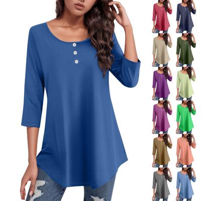3/4-Ärmel-Shirts für Damen, einfarbig, Rundhalsausschnitt, Knopfleiste, lässiges T-Shirt mit abgerundetem Saum