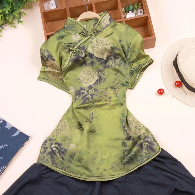 Blusa Elegante de Satén para Mujer Estampado de Flores Camisa Cheongsam Estilo Chino Tradicional Ropa Tang Disfraz de Verano Otoño