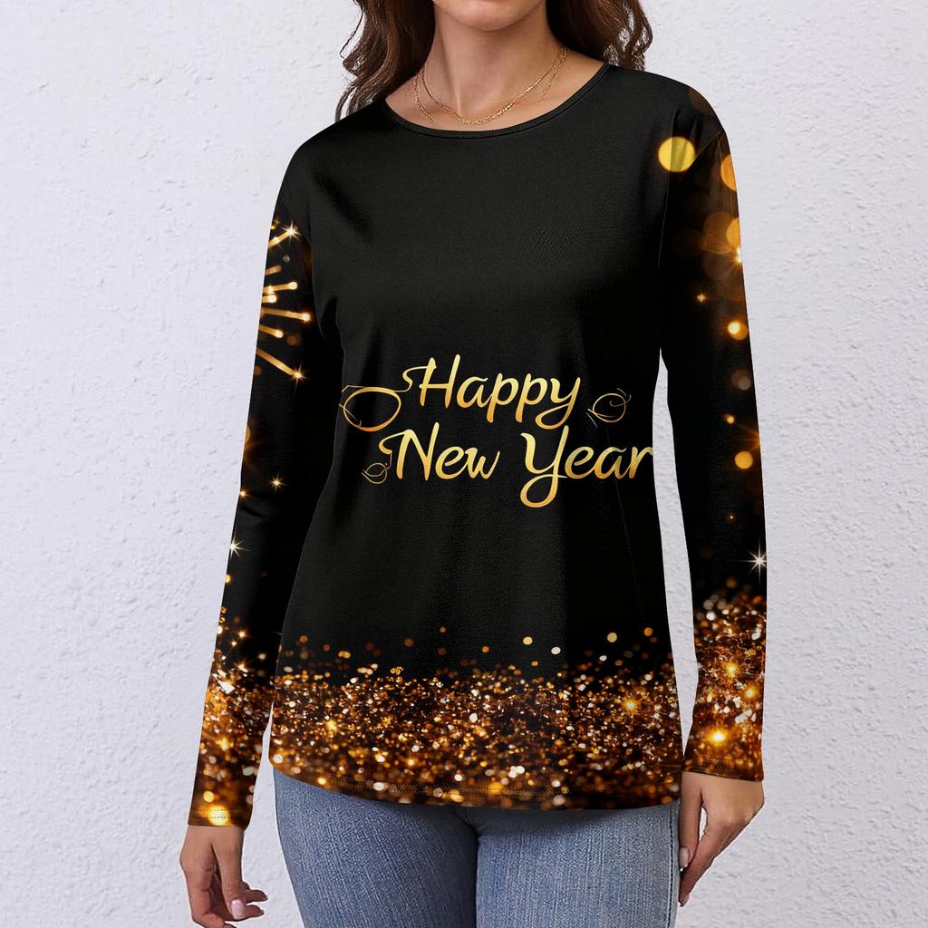 Women's Loose Comfortable Casual Fashion Round Neck New Year Printed Long Sleeve Top