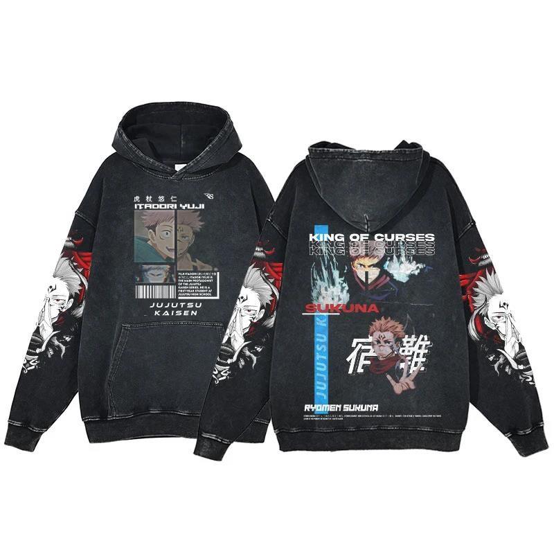 Anime Jujutsu Kaisen Ryomen Sukuna Print Washed Hooded Men Manga Vintage Hoodies Casual Cotton Streetwear Harajuku Sweatshirt