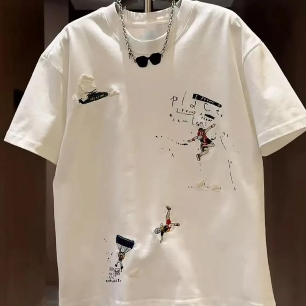 Men's White Crew Neck T-Shirt with Embroidered Skater Iti Print Casual Loose Fit Short Sleeve Top