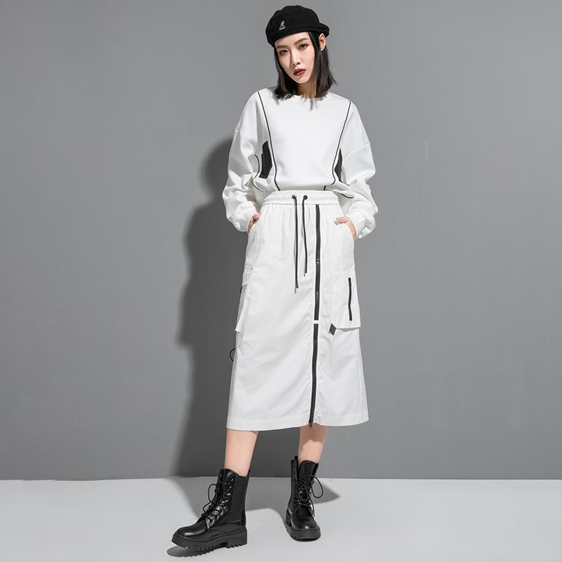 Fustă casual de primăvară și toamnă pentru femei cu șireturi și talie elastică - Culoare uni, Lungime medie, Versatilă, Subțiază, Tendință europeană și americană