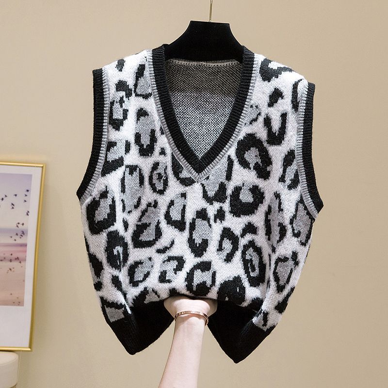 Dámská pletená vesta s výstřihem do V se vzorem leopardí srsti Jarní a podzimní vesta Korejský pulovr Svetrová vesta
