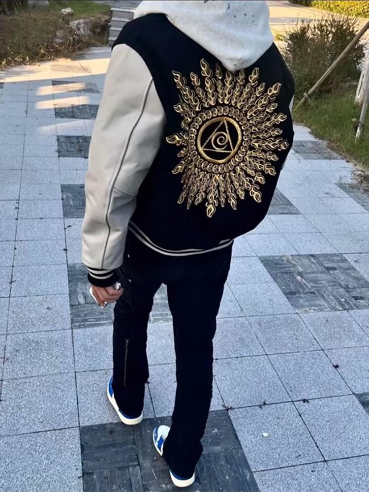 Men's High-End Scruffy Baseball Jacket with Sun Illuminati Eye Embroidery