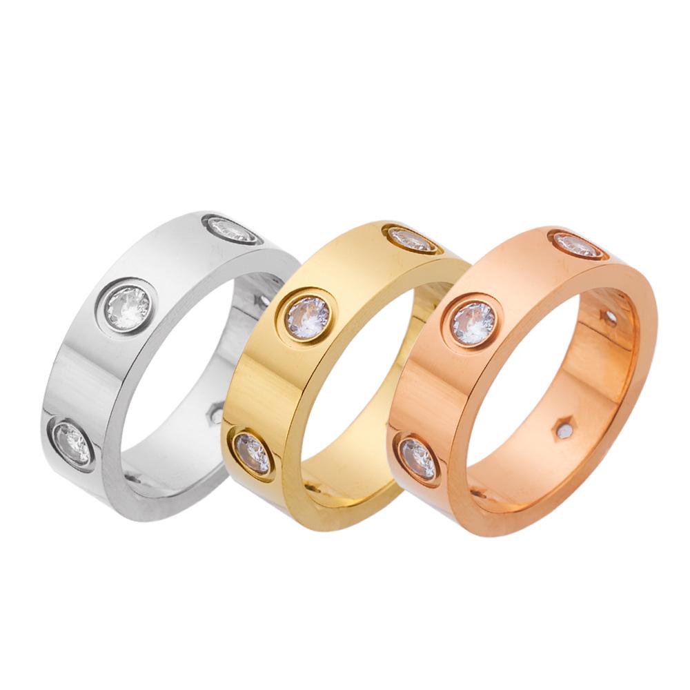 Inele de cuplu pentru femei din oțel titan de culoare aurie și aur roz, cu șase diamante