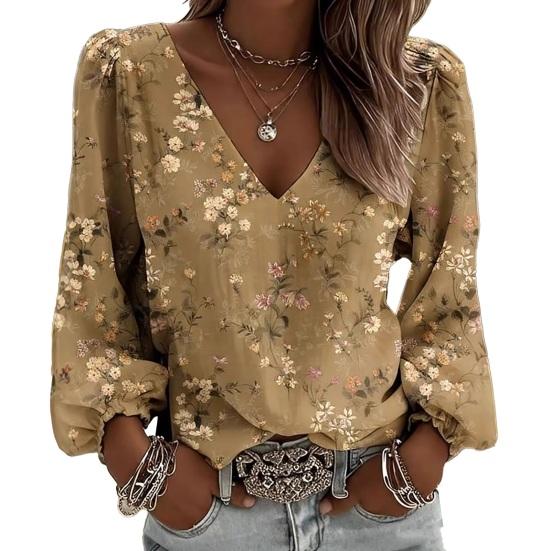 Yousheng Women Tops Retro Floral Print Puff Long Sleeve Shirt V-neck Loose Fit Casual Blouse Breathable Daily Wear