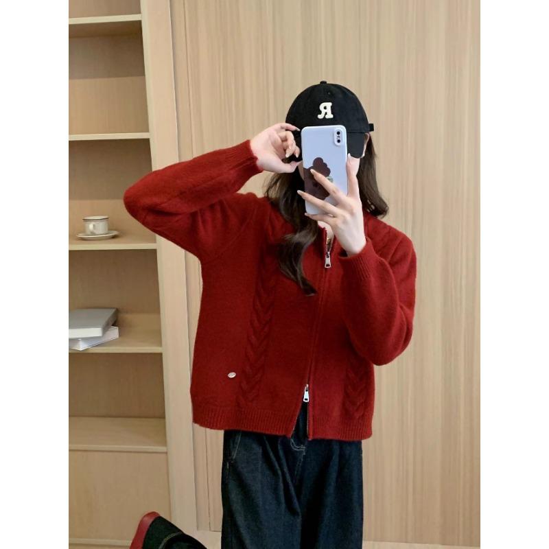 

Simple style design double zipper twist sweater jacket women s autumn and winter new versatile thick knitted cardigan women average size