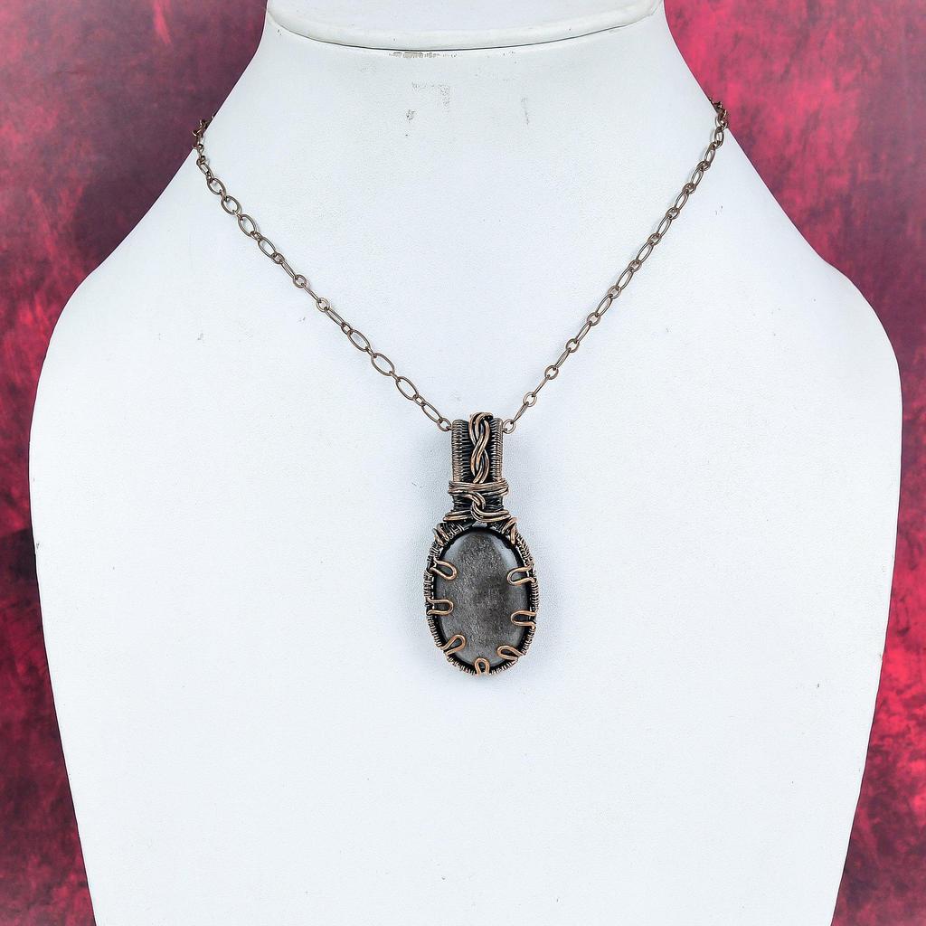 Silver Sheen Obsidian Pendant Copper Wire Wrapped Pendant Genuine Gemstone Handmade Pendant Wire Wrap Jewelry Gifts for Wife Copper Jewelry