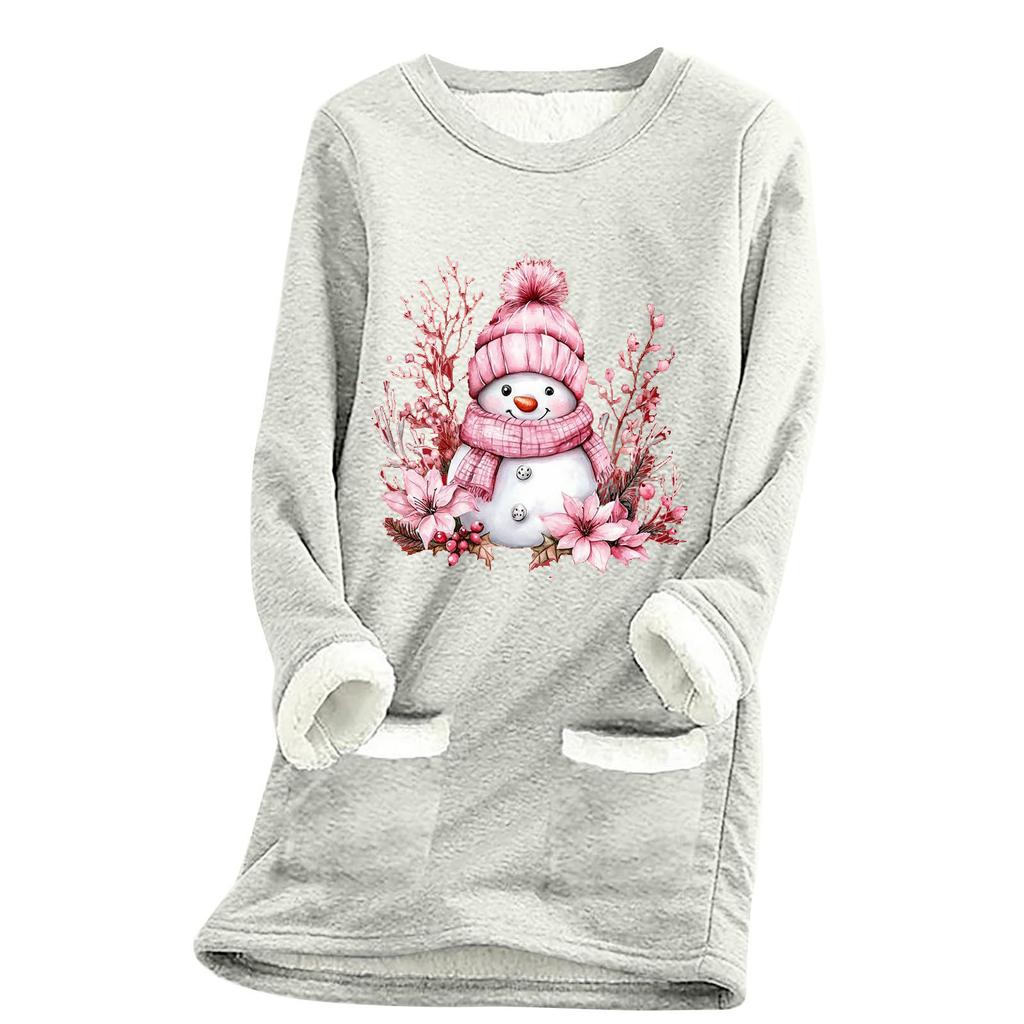 Damska luźna i wygodna bluzka z okrągłym dekoltem i nadrukiem świątecznym, z kieszeniami i długim rękawem