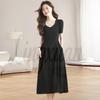 Hepburn-Inspired Women's U-Neck A-Line Summer Dress, Short-Sleeve, Slimming, Waist-Cinching, Long Style