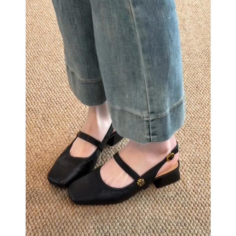 Sheepskin~ Leather single shoes French camellia one word with bag head sandals women's summer retro thick heel Mary Jane shoes