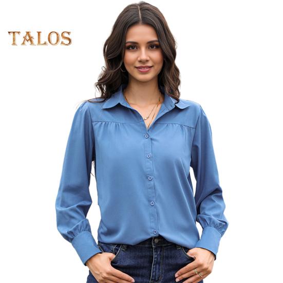 Women Shirt Lapel Puff Long Sleeve Solid Color Single-Breasted Shirt Tops Loose Fit Casual Tops Work Daily Wear
