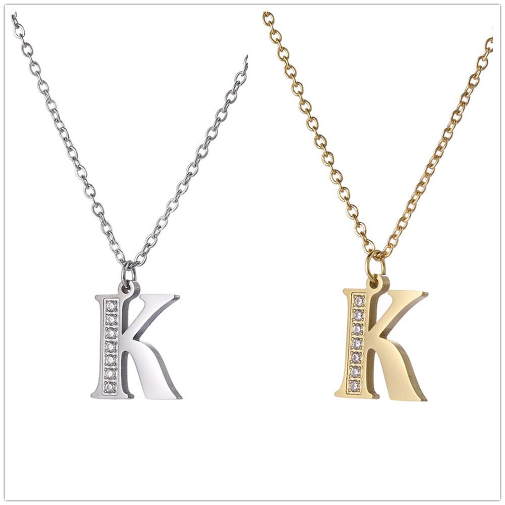 Women Clear Zircon 26 Letters Pendant Necklace Stainless Steel Gold A-Z Alphabet Choker Initial Necklaces Jewelry