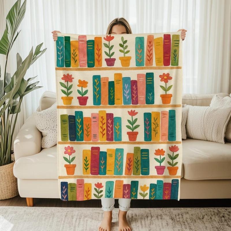 Colorful Bookshelf Flannel printed blanket suitable for all seasons suitable for living room office sofa and travel 180x250CM