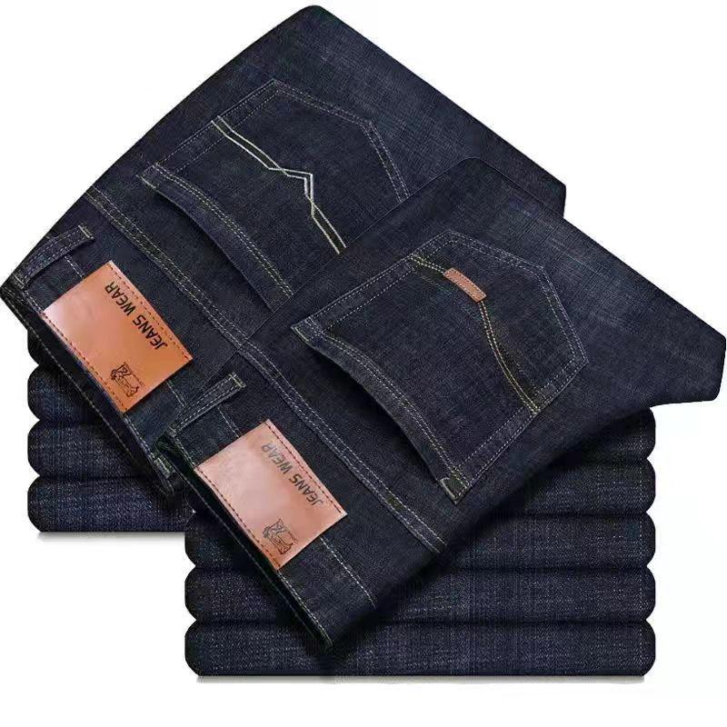 Men's Elastic Straight-Leg Casual Denim Pants - Loose Fit for Middle-Aged Dads