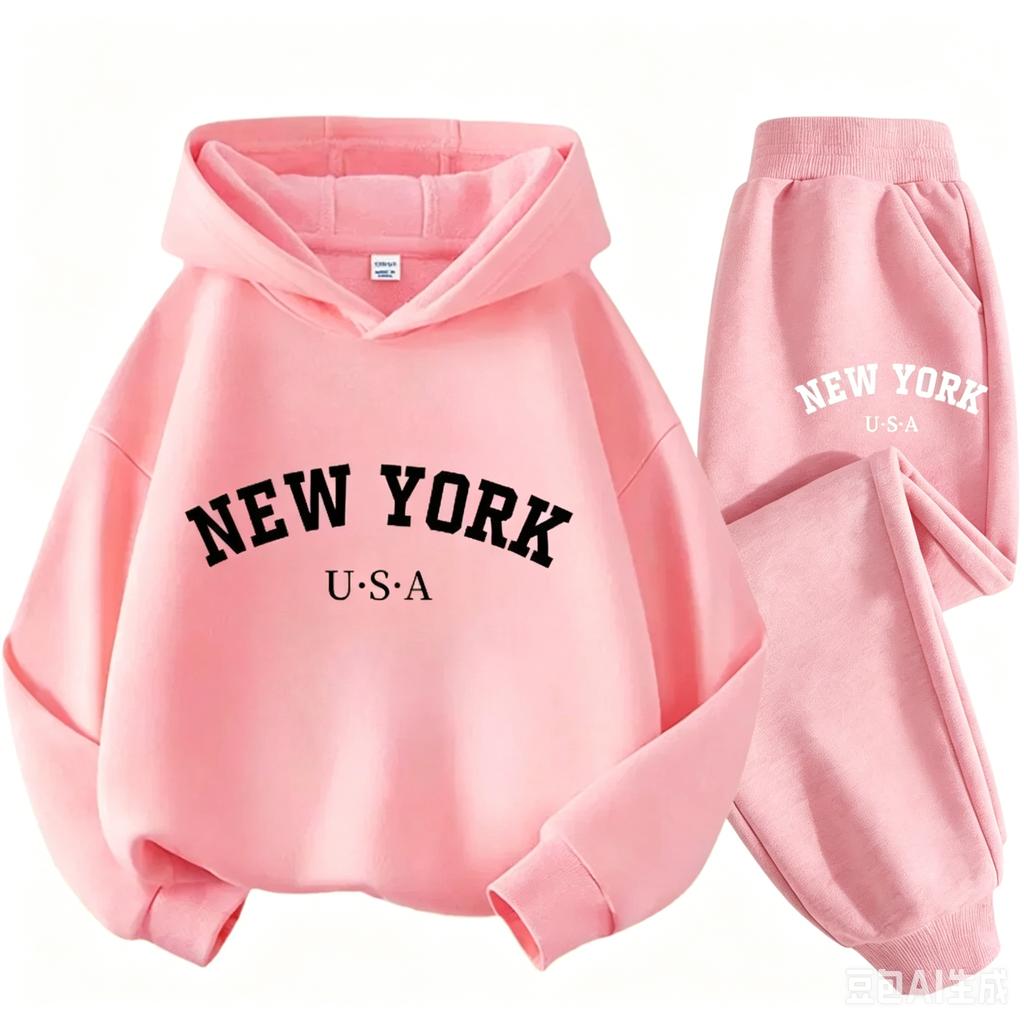 TZWYChildren Hoodie Set Autumn Winter New York USA Letter Graphic Sweatshirt Pant Suit Baby Boy Girl Kid Sport Two Pieces Tracksuit