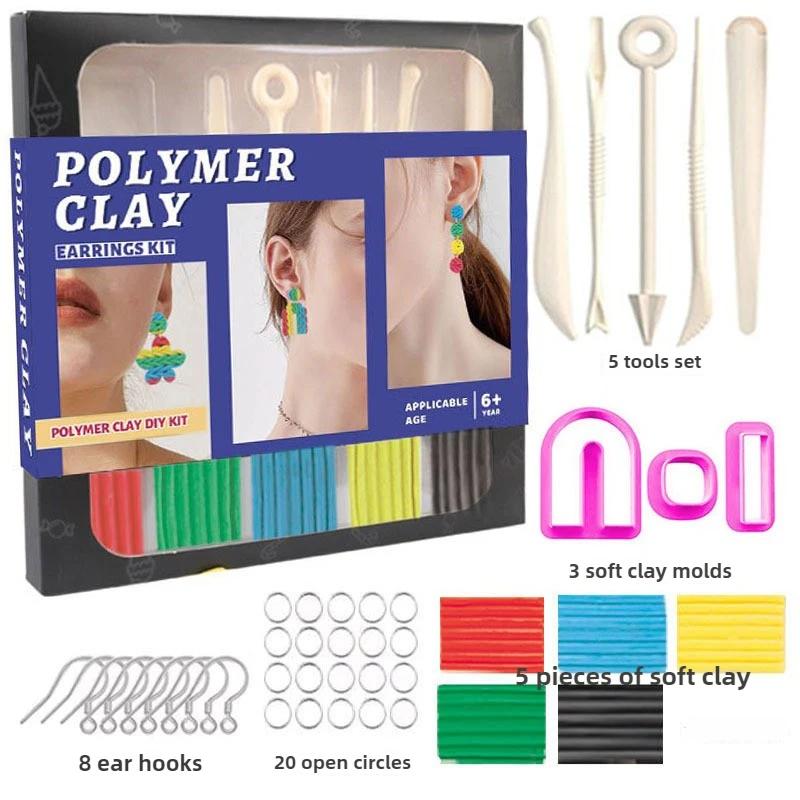 Non-Toxic Non-Sticky Polymer Clay Earring Kit Art DIY Oven Bake Modeling with 8 Clay Tools and Accessories Gift for Kids Adults