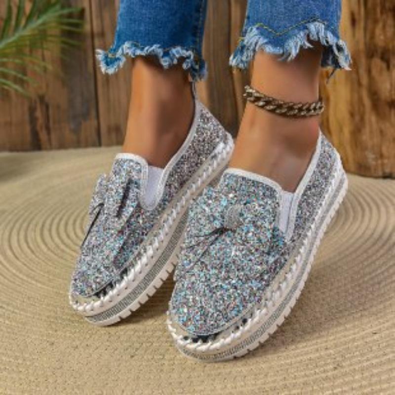 Trendige Dameneinzelschuhe in Übergröße, Herbstneuheit, flacher Boden, runde Spitze, Schleife, Pailletten, modische Einzelschuhe für Damen