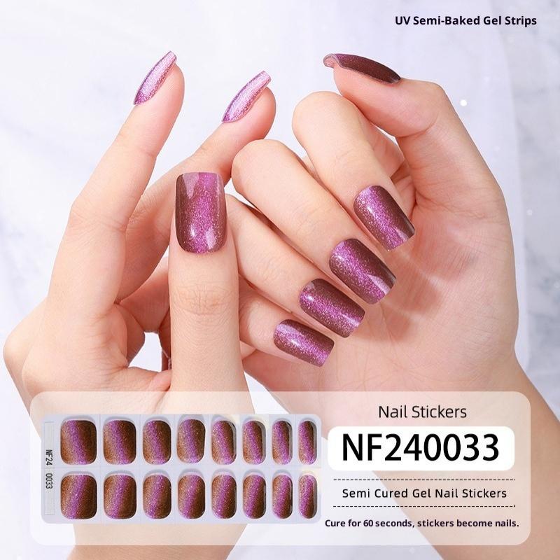 New Semi-cured Gel Nail Stickers, 16-finger Cat Eye Glitter UV Nail Stickers, Cured Under A UV Lamp.
