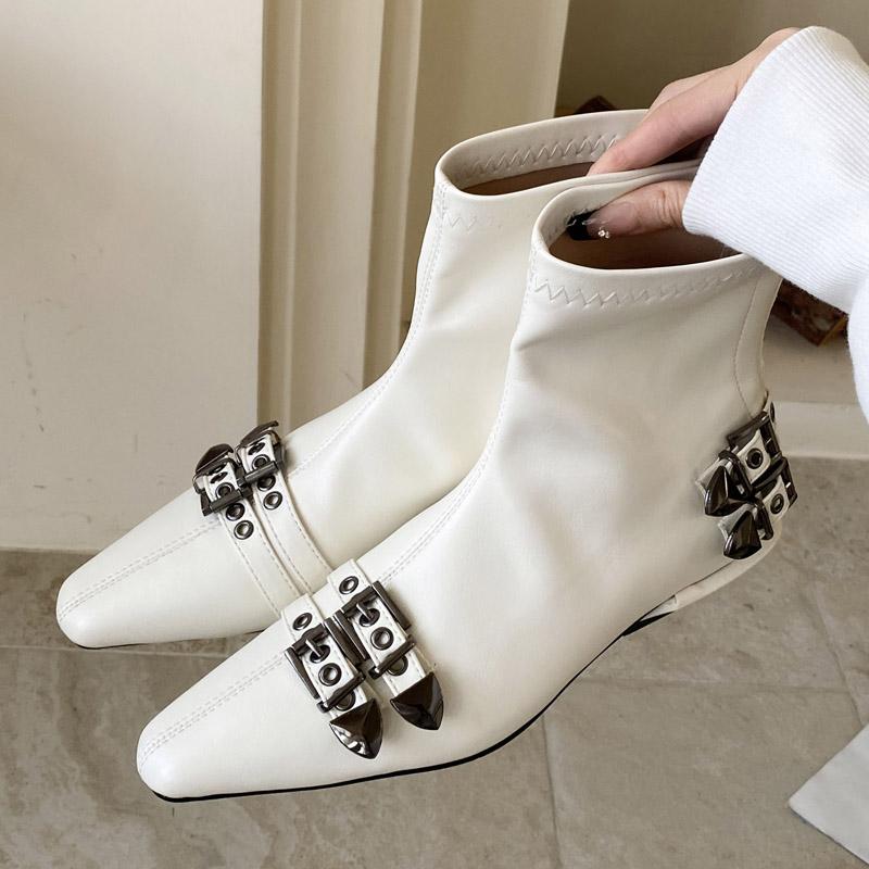 Eilyken New Winter Fashion Pointed Toe Women Ankle Boots Belt Buckle Square Low Heels Comfortable Soft Leather Zipper Shoes
