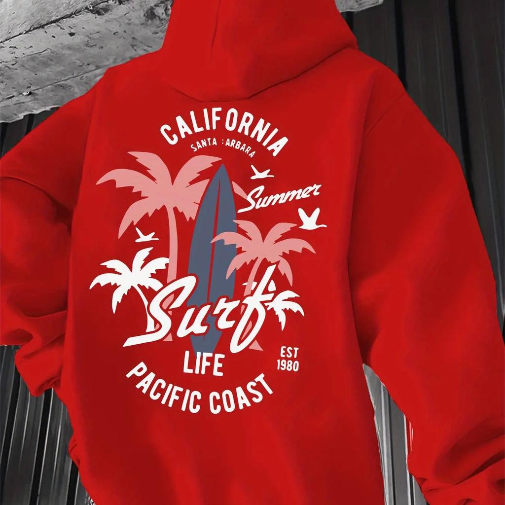Vintage West Coast Surf Hooded Sweatshirt California Palm Tree Graphic Back Print Casual Loose Hoodie