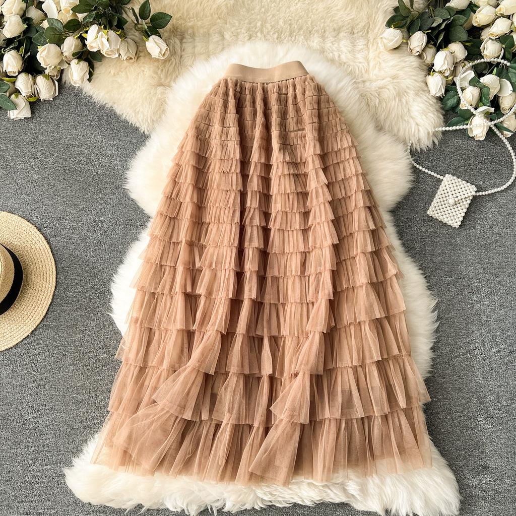 Summer Women Elegant Ruffles Mesh Elstic Waist Long Midi Cake Skirt