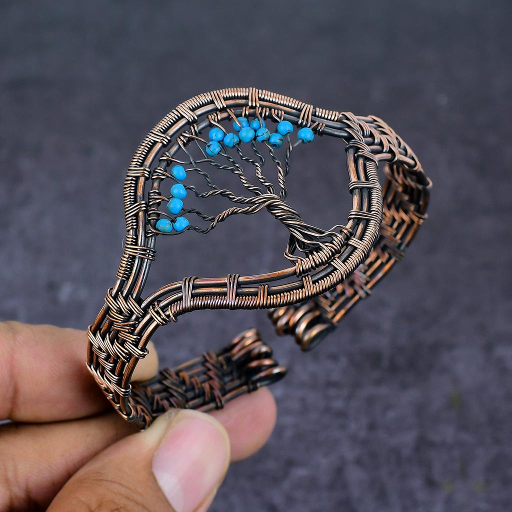 Arizona Turquoise Gemstone Handmade Copper Wire Wrap Cuff Bangle Adjustable u6R81