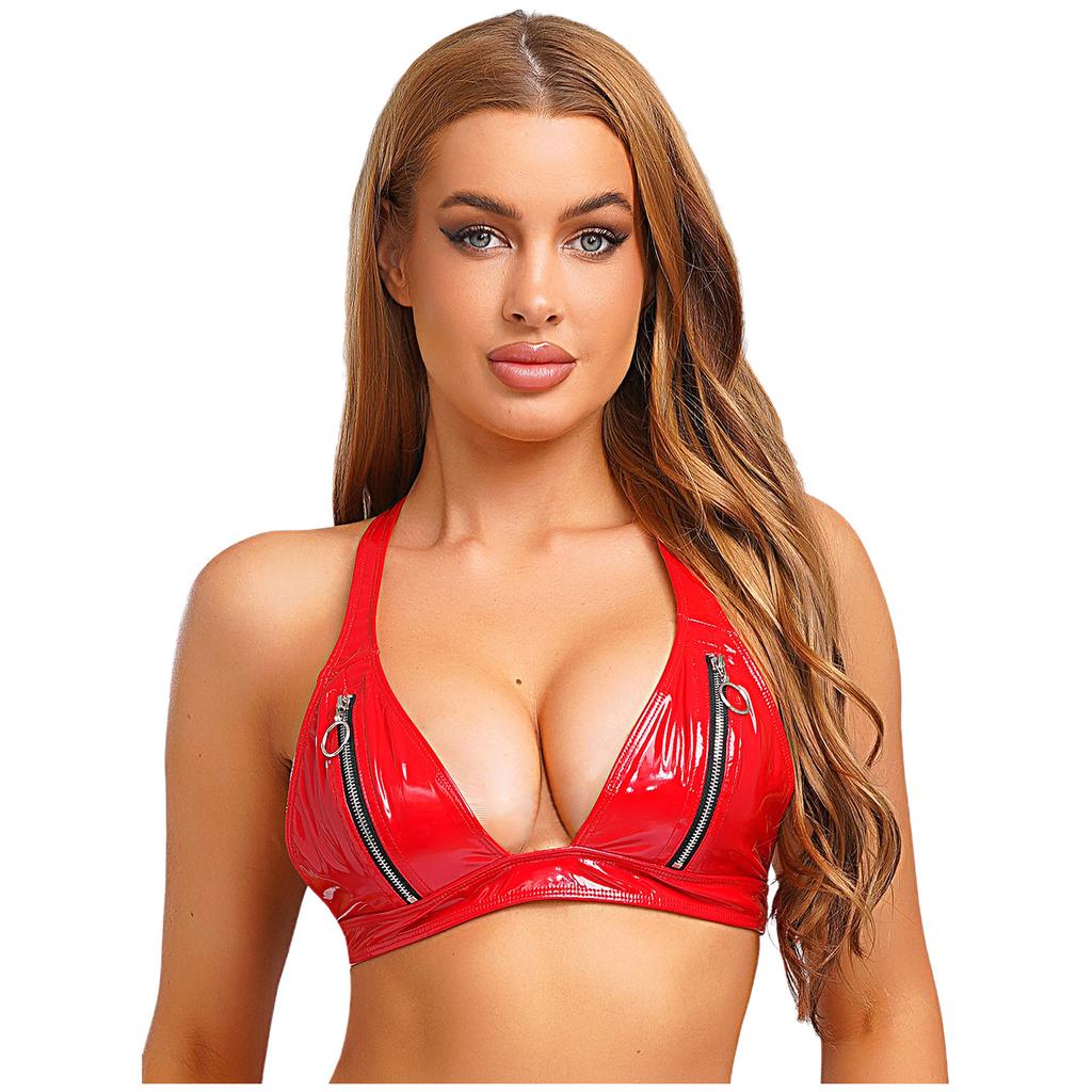 Women Wet Look Patent Leather Bra Zipper Front Y-Back Bralette Crop Top No Padding for Party Disco