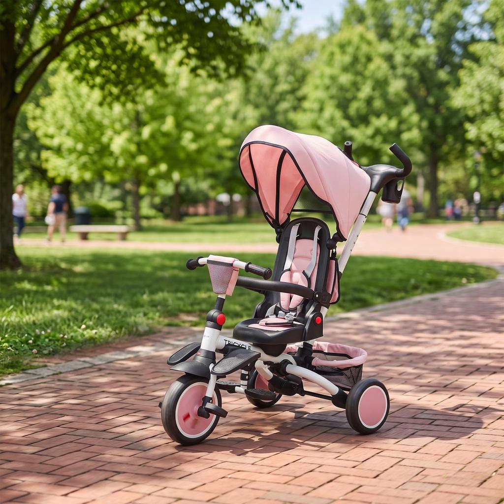 6-in-1 Children's Tricycle, Push Handle, Swivel Seat, 111.5x52x98 cm, Pink