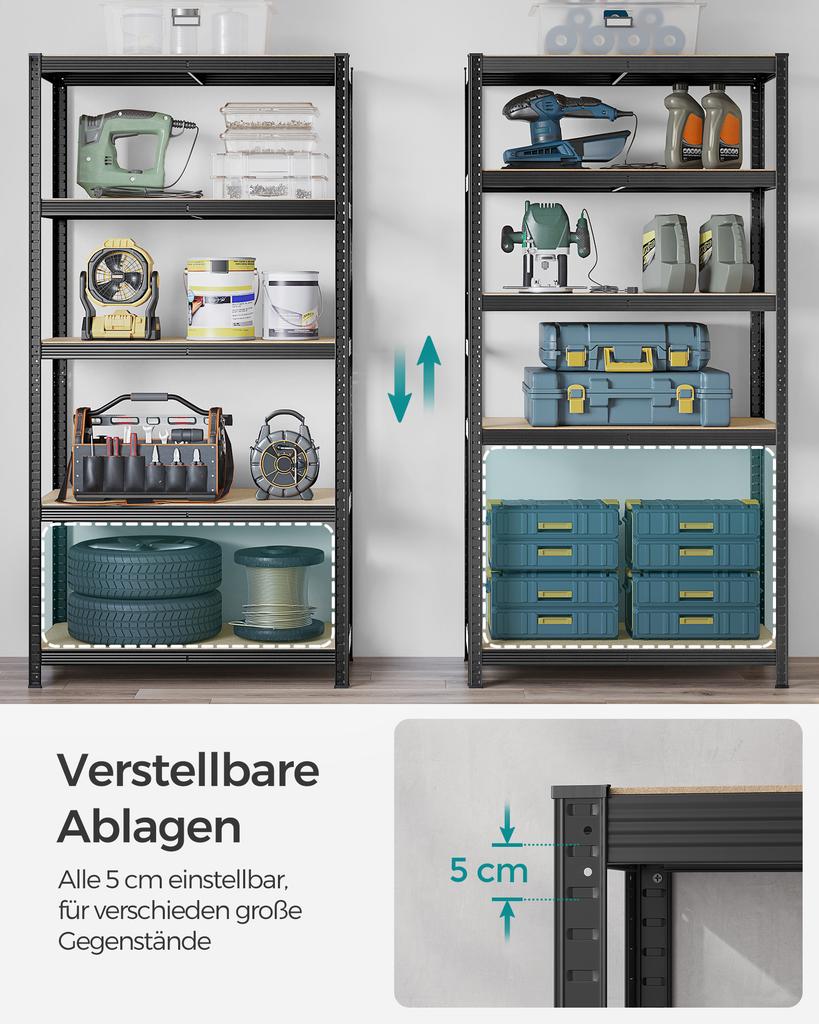 SONGMICS 5-Tier Shelving Unit, Steel Shelving Unit for Storage, Tool-Free Assembly, for Garage, Shed, Load Capacity 600 kg, 50 x 100 x 200 cm, Black