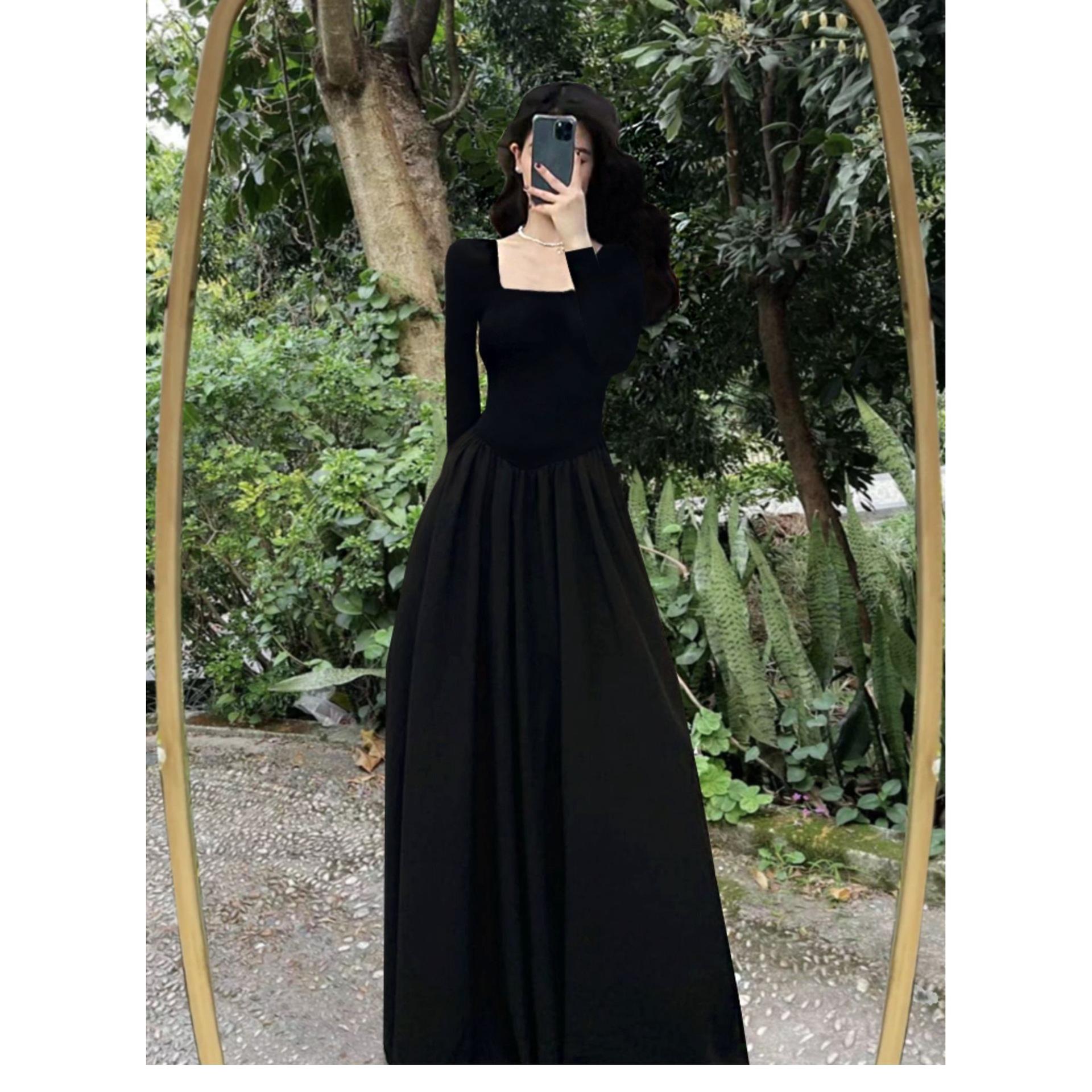 Women s Black Spring 2026 Slimming Round Neck Long Dress with Waist-Cinching and Long Sleeves - New Arrival M чёрный