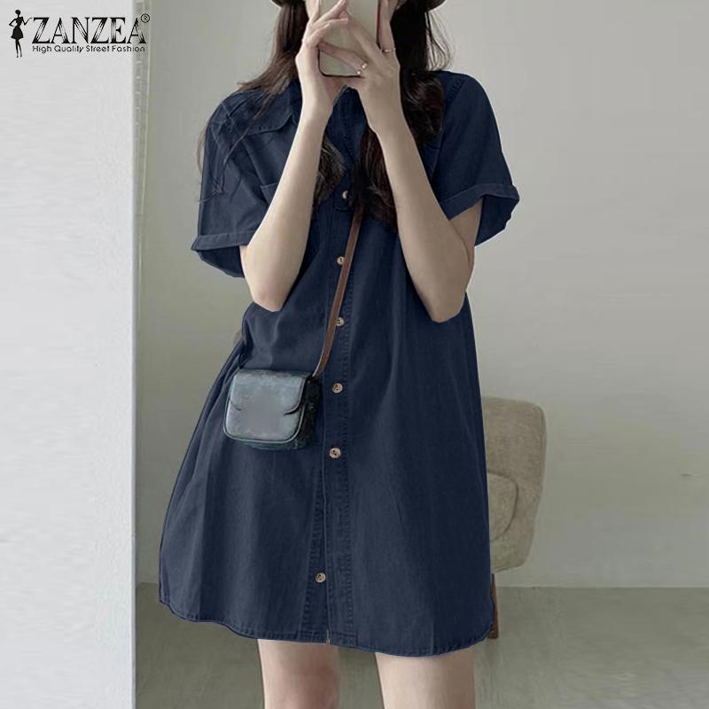 ZANZEA Damen Kurzarm Revers Einfarbig Denim Midi Kleider